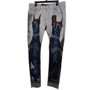 Gala Jeans NWT $180 Doberman Dog Graphic Gothic Blue Script Streetwear Sz W36